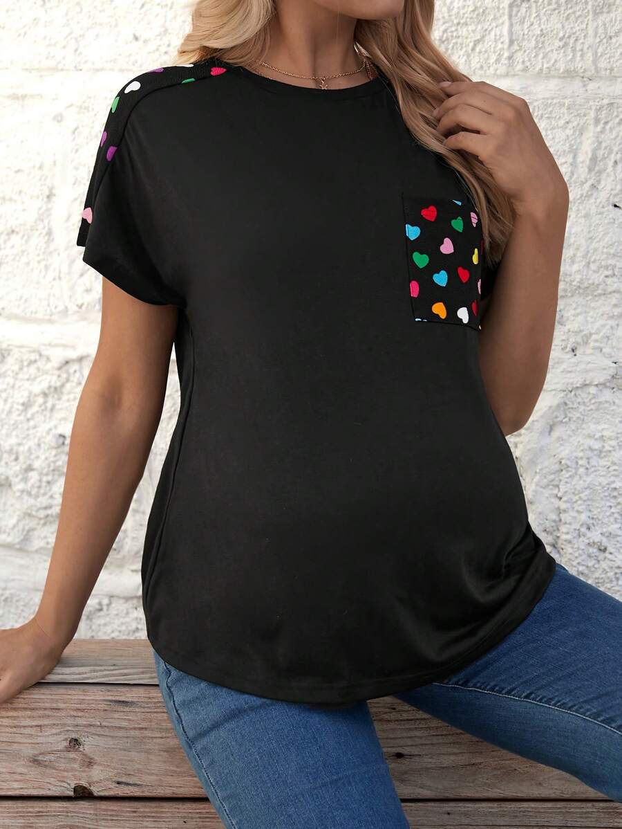Maternity Heart Printed Patchwork T-Shirt