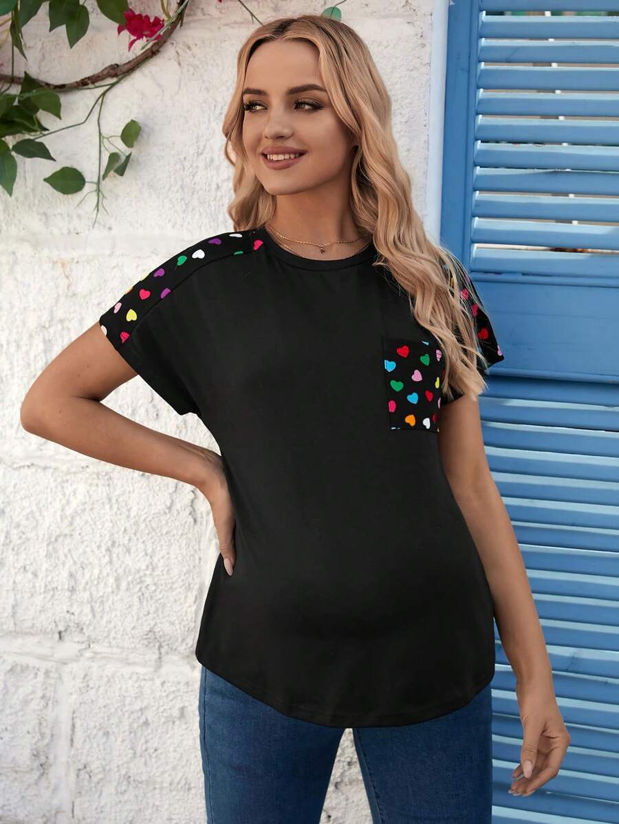 Maternity Heart Printed Patchwork T-Shirt