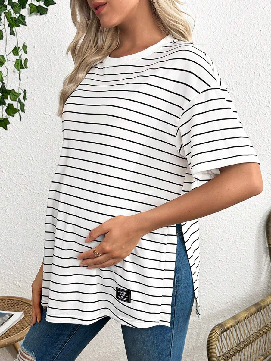 Maternity Striped Round Neck Casual Loose T-Shirt with Side Slits Trendy Drop Shoulder Short Sleeve Maternity Top for Summer