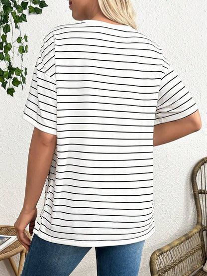 Maternity Striped Round Neck Casual Loose T-Shirt with Side Slits Trendy Drop Shoulder Short Sleeve Maternity Top for Summer