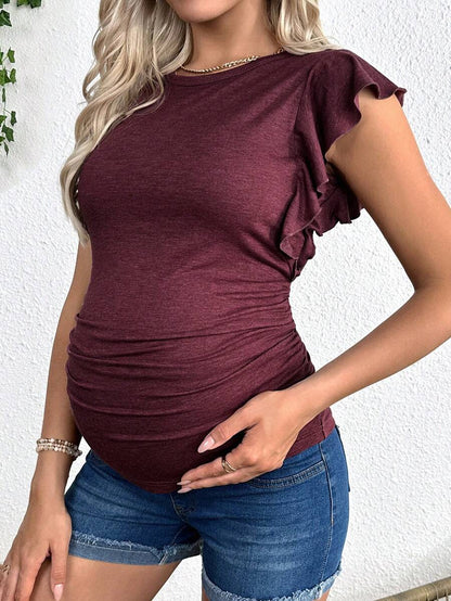 Maternity Ruched T-Shirt - Gray Ruffle Sleeve Crew Neck Soft Stretch Casual, Summer Breastfeeding
