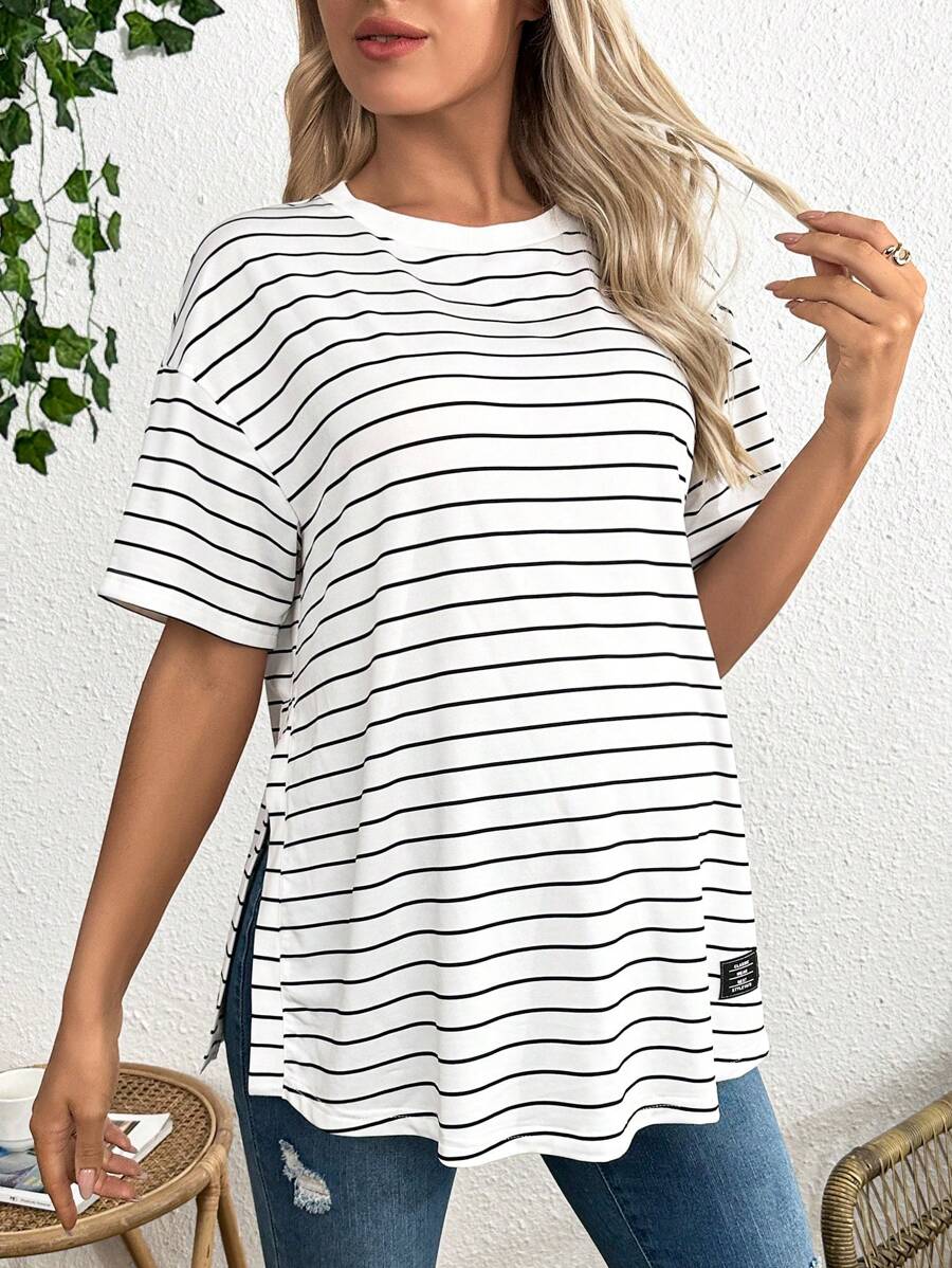 Maternity Striped Round Neck Casual Loose T-Shirt with Side Slits Trendy Drop Shoulder Short Sleeve Maternity Top for Summer