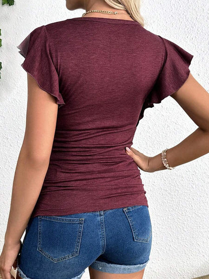 Maternity Red Round Neck Cap Sleeve T-Shirt - Slim Fit Ruffle Flounce Sleeve Knitted Top for Casual Daily Wear