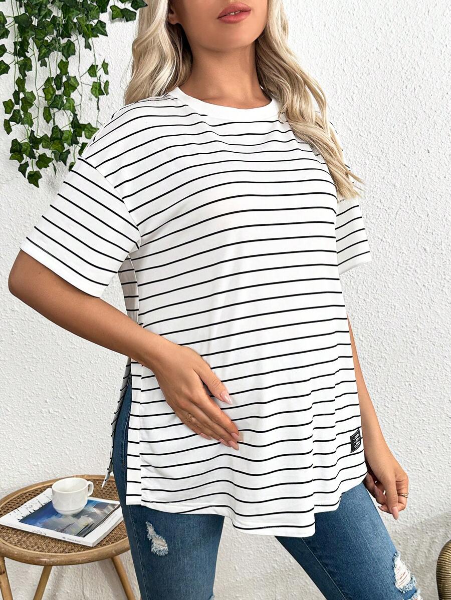 Maternity Striped Round Neck Casual Loose T-Shirt with Side Slits Trendy Drop Shoulder Short Sleeve Maternity Top for Summer