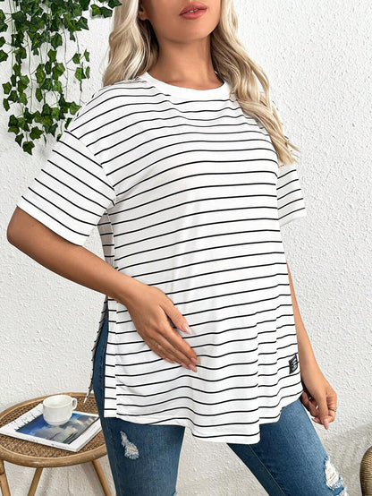 Maternity Striped Round Neck Casual Loose T-Shirt with Side Slits Trendy Drop Shoulder Short Sleeve Maternity Top for Summer