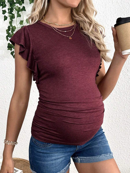Maternity Red Round Neck Cap Sleeve T-Shirt - Slim Fit Ruffle Flounce Sleeve Knitted Top for Casual Daily Wear