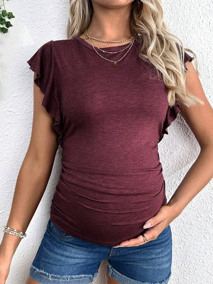 Maternity Red Round Neck Cap Sleeve T-Shirt - Slim Fit Ruffle Flounce Sleeve Knitted Top for Casual Daily Wear