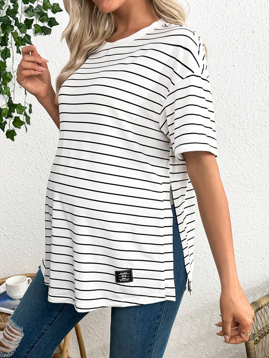 Maternity Striped Round Neck Casual Loose T-Shirt with Side Slits Trendy Drop Shoulder Short Sleeve Maternity Top for Summer