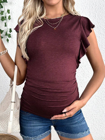 Maternity Ruched T-Shirt - Gray Ruffle Sleeve Crew Neck Soft Stretch Casual, Summer Breastfeeding