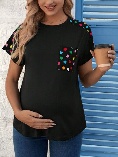 Maternity Heart Printed Patchwork T-Shirt