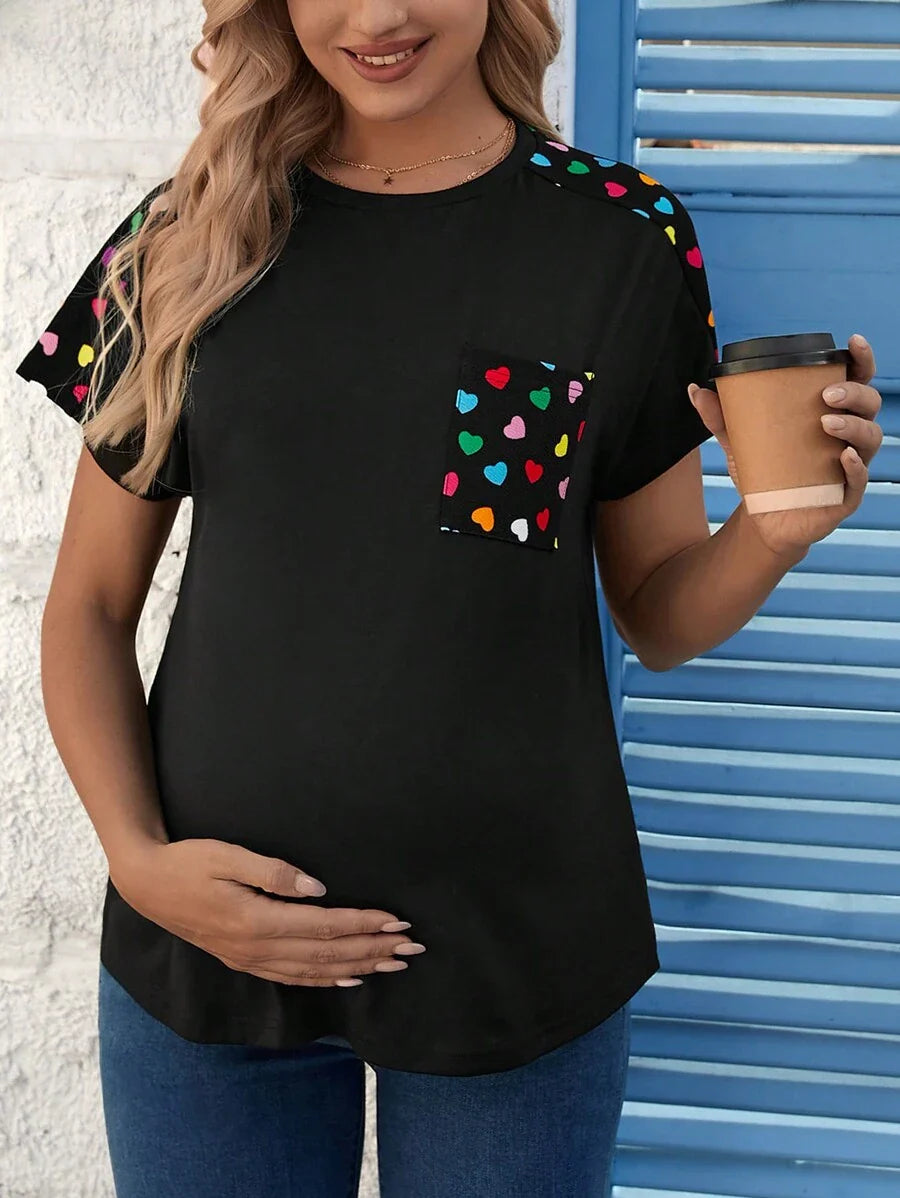 Maternity Heart Printed Patchwork T-Shirt