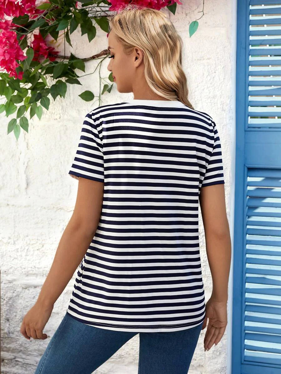 Maternity Stripe T-Shirt - Short Sleeve Embroidered Heart Round Neck Loose Fit, Blue Casual