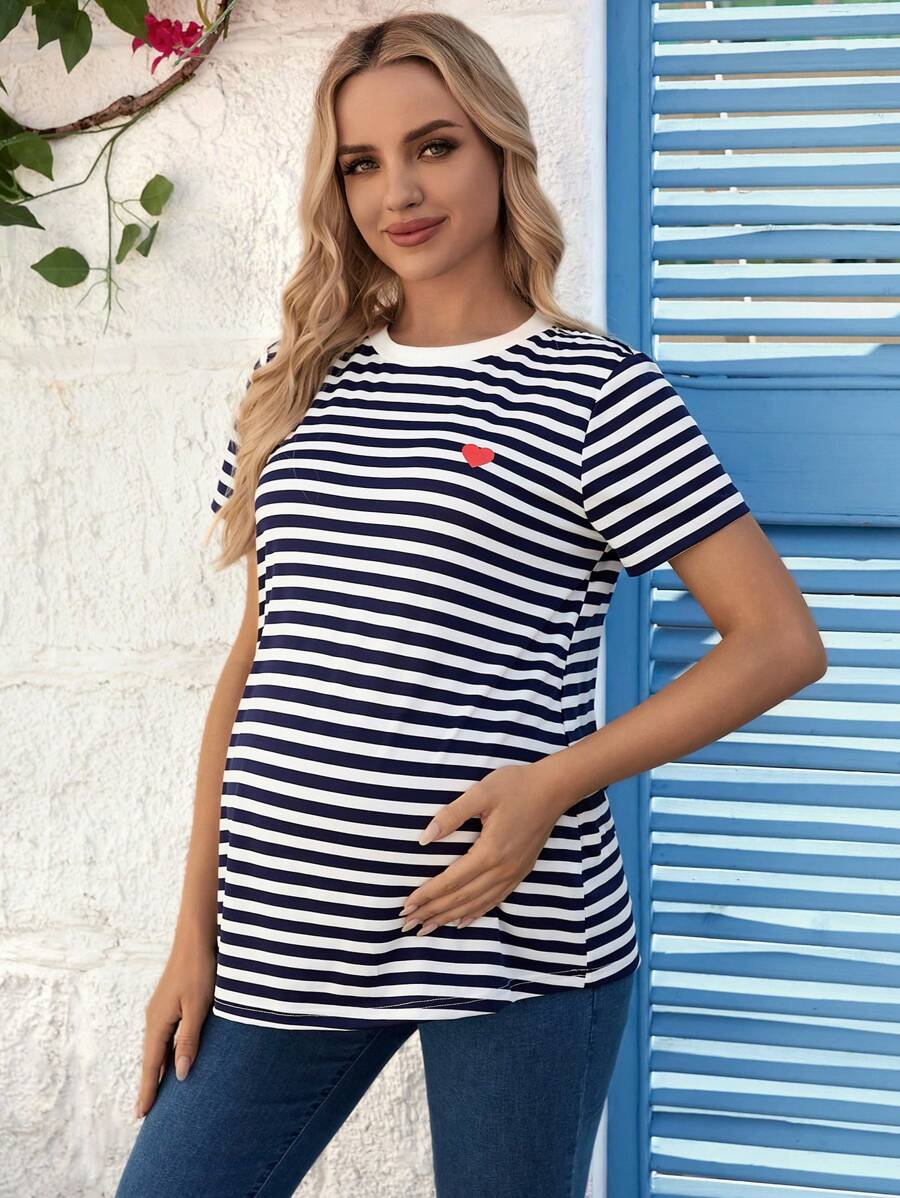 Maternity Stripe T-Shirt - Short Sleeve Embroidered Heart Round Neck Loose Fit, Blue Casual