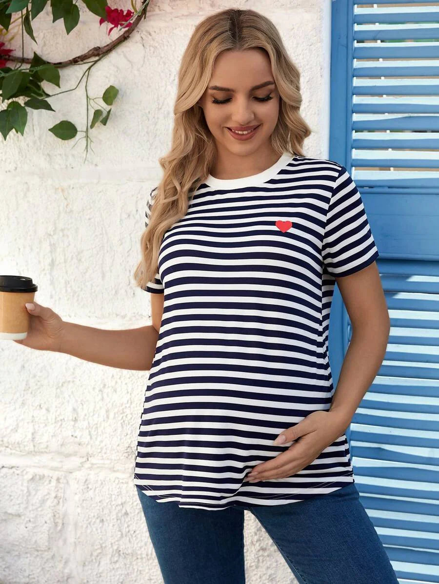 Maternity Stripe T-Shirt - Short Sleeve Embroidered Heart Round Neck Loose Fit, Blue Casual
