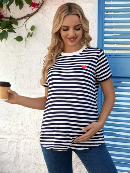 Maternity Stripe T-Shirt - Short Sleeve Embroidered Heart Round Neck Loose Fit, Blue Casual