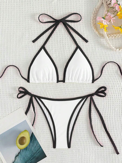 Swim Vcay Women's Summer Beach Contrast Color Halter Tie Sexy Bikini And Triangle Panty Swimwear Set Blue Bikini Yacht Party Outfit Vacation Bikini Boat Party Outfit Women Tie Side Bikini Triangle Bikini Set Light Blue Bikini