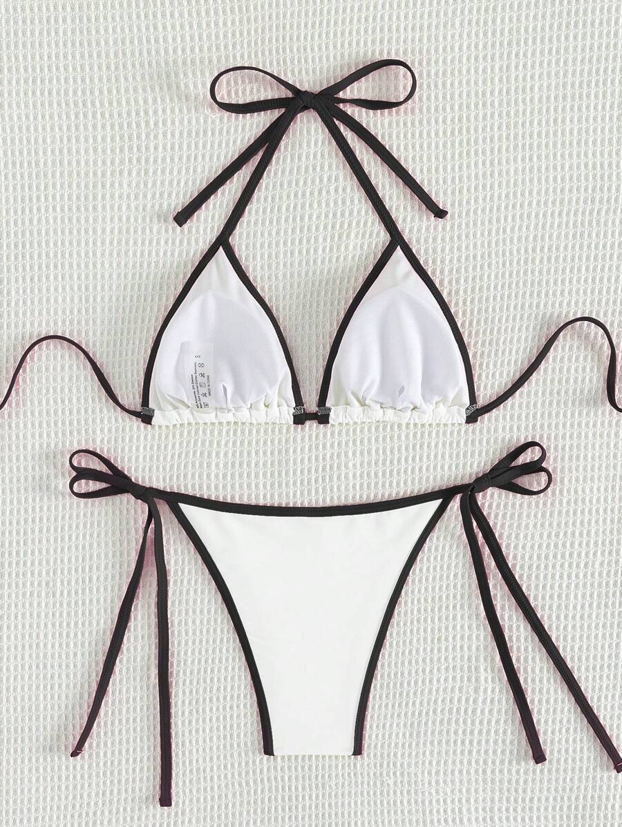 Swim Vcay Women's Summer Beach Contrast Color Halter Tie Sexy Bikini And Triangle Panty Swimwear Set Blue Bikini Yacht Party Outfit Vacation Bikini Boat Party Outfit Women Tie Side Bikini Triangle Bikini Set Light Blue Bikini