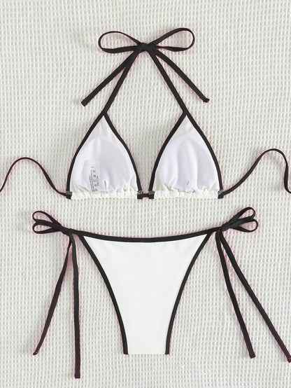 Swim Vcay Women's Summer Beach Contrast Color Halter Tie Sexy Bikini And Triangle Panty Swimwear Set Blue Bikini Yacht Party Outfit Vacation Bikini Boat Party Outfit Women Tie Side Bikini Triangle Bikini Set Light Blue Bikini