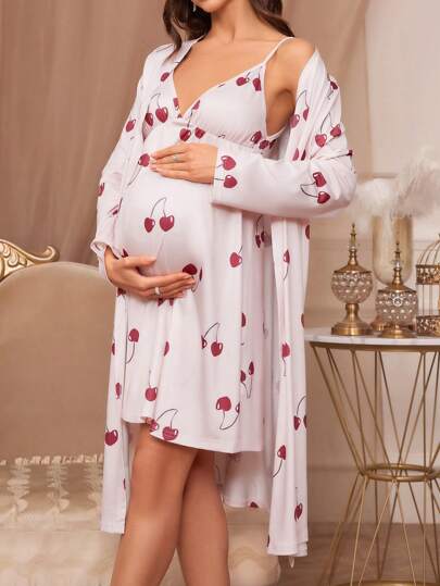 Maternity Cherry Print Cami Sleep Dress and Long Sleeve Robe Pajama Set for Women Fall Winter Sleepwear