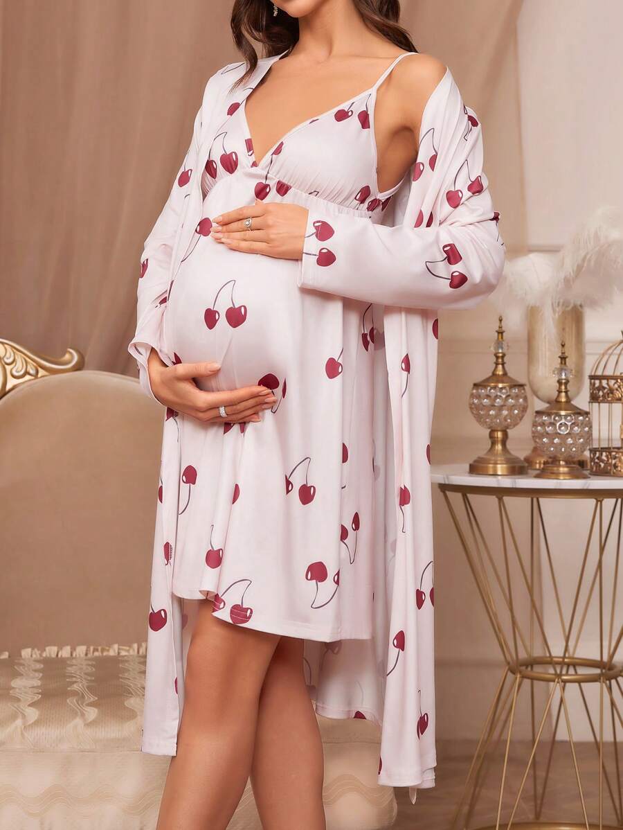 Maternity Cherry Print Cami Sleep Dress and Long Sleeve Robe Pajama Set for Women Fall Winter Sleepwear