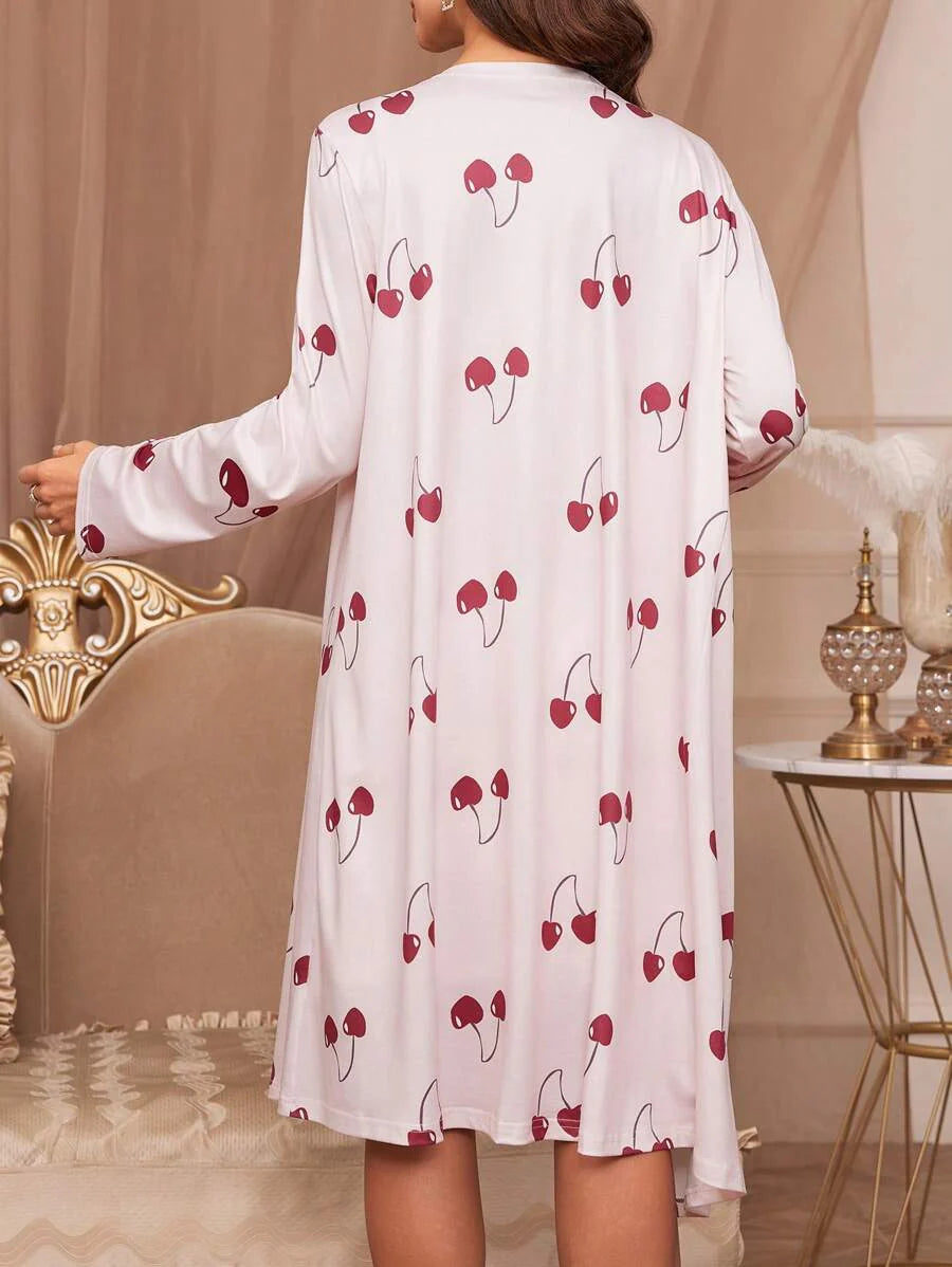 Maternity Cherry Print Cami Sleep Dress and Long Sleeve Robe Pajama Set for Women Fall Winter Sleepwear