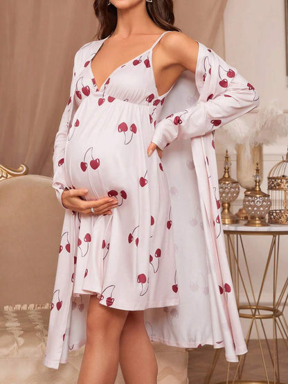 Maternity Cherry Print Cami Sleep Dress and Long Sleeve Robe Pajama Set for Women Fall Winter Sleepwear