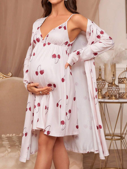Maternity Cherry Print Cami Sleep Dress and Long Sleeve Robe Pajama Set for Women Fall Winter Sleepwear