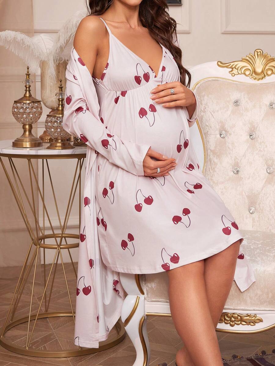 Maternity Cherry Print Cami Sleep Dress and Long Sleeve Robe Pajama Set for Women Fall Winter Sleepwear