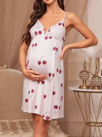 Maternity Cherry Print Cami Sleep Dress and Long Sleeve Robe Pajama Set for Women Fall Winter Sleepwear