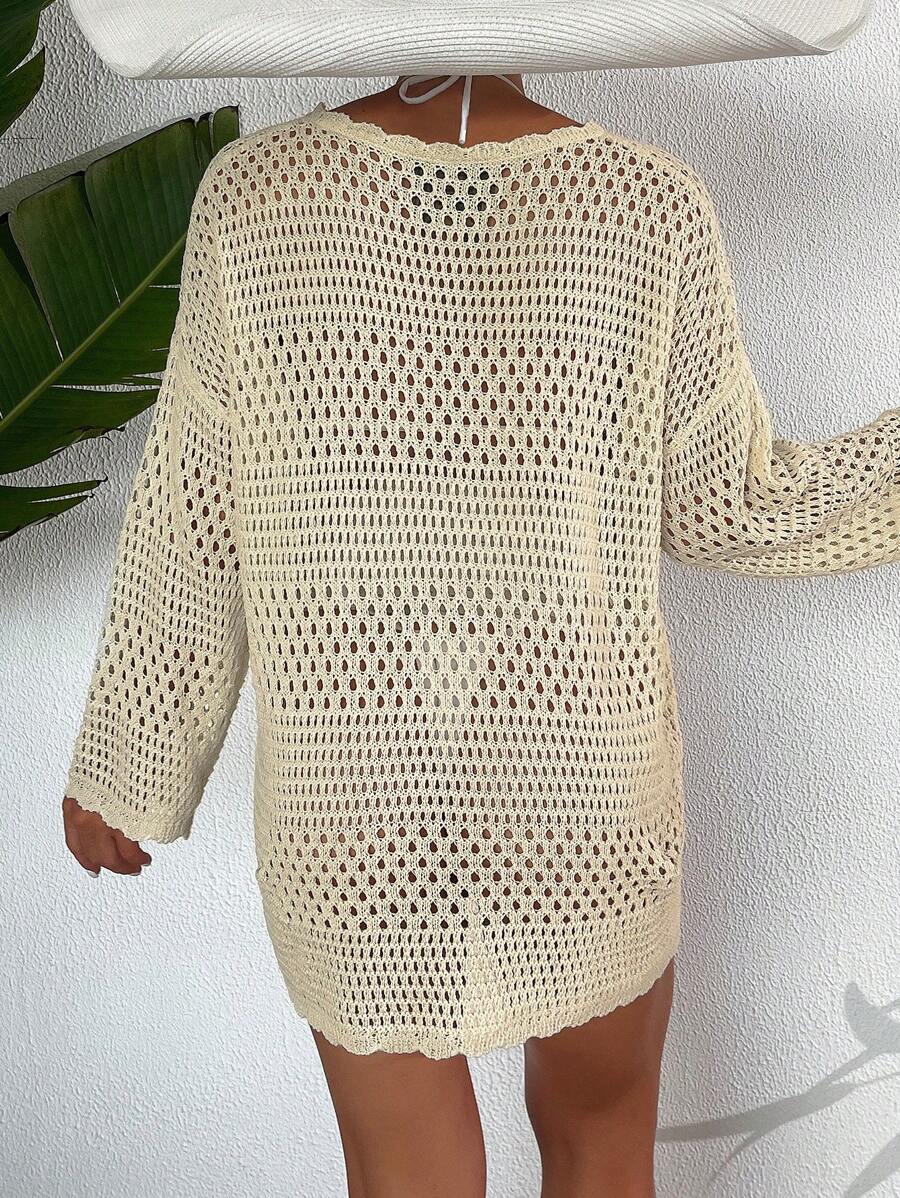 Swim Vcay Summer Beach Maternity Solid Color Hollow Out Drop Shoulder Long Sleeve Cover Up