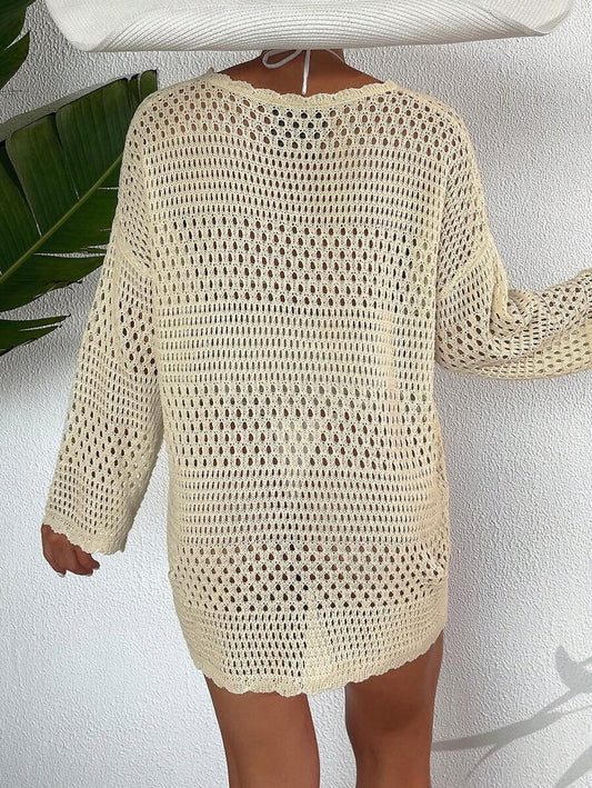 Swim Vcay Summer Beach Maternity Solid Color Hollow Out Drop Shoulder Long Sleeve Cover Up
