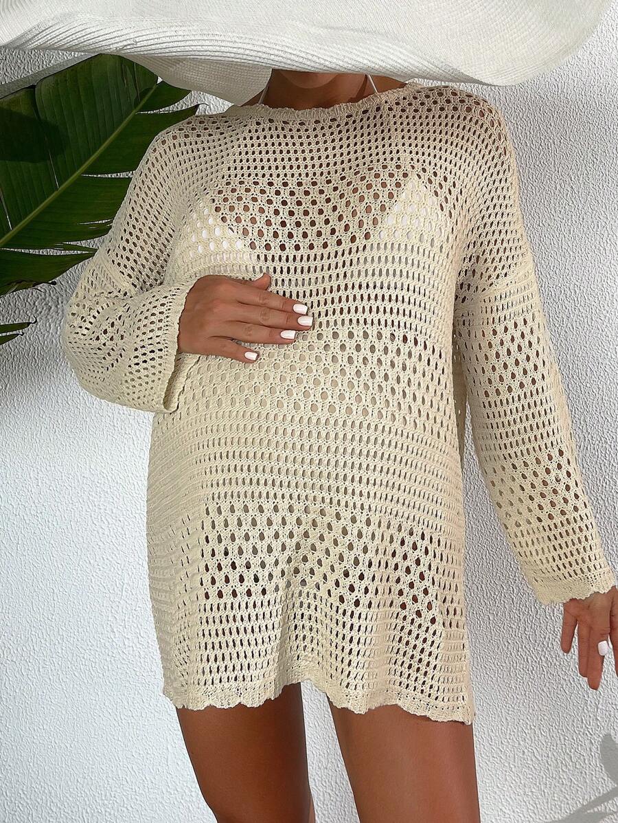 Swim Vcay Summer Beach Maternity Solid Color Hollow Out Drop Shoulder Long Sleeve Cover Up