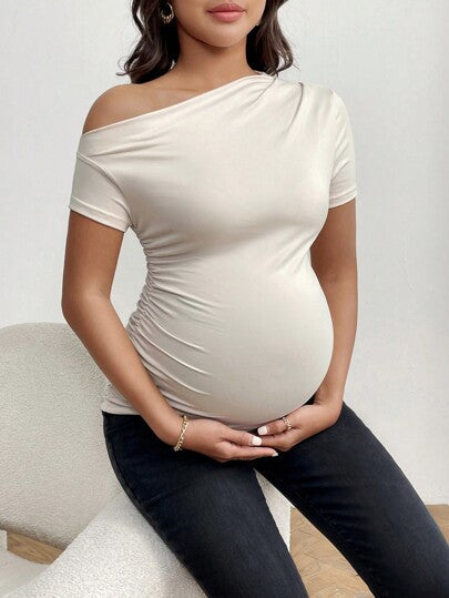 Maternity Asymmetrical Neckline Ruched T-Shirt - Short Sleeve Slim Fit Pleated Knit Top for Casual Daily Wear