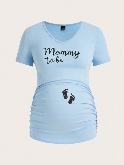 Baby Pink Maternity Ruched Graphic Crop Tee Slim Fit V Neck Cotton Short Sleeve Cartoon Print Pregnancy T Shirt