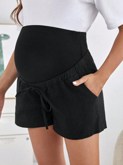 Maternity Casual Shorts - Colorblock, Adjustable Waist, Pocket, Baby Blue