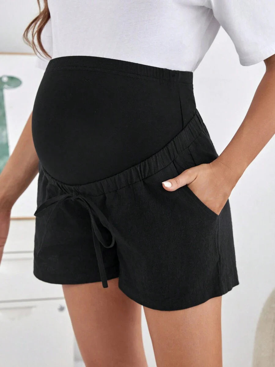 Maternity Casual High Waisted Army Green Cotton Knit Shorts with Elastic Waist and Button Detail - Soft Comfortable Pregnancy Fit