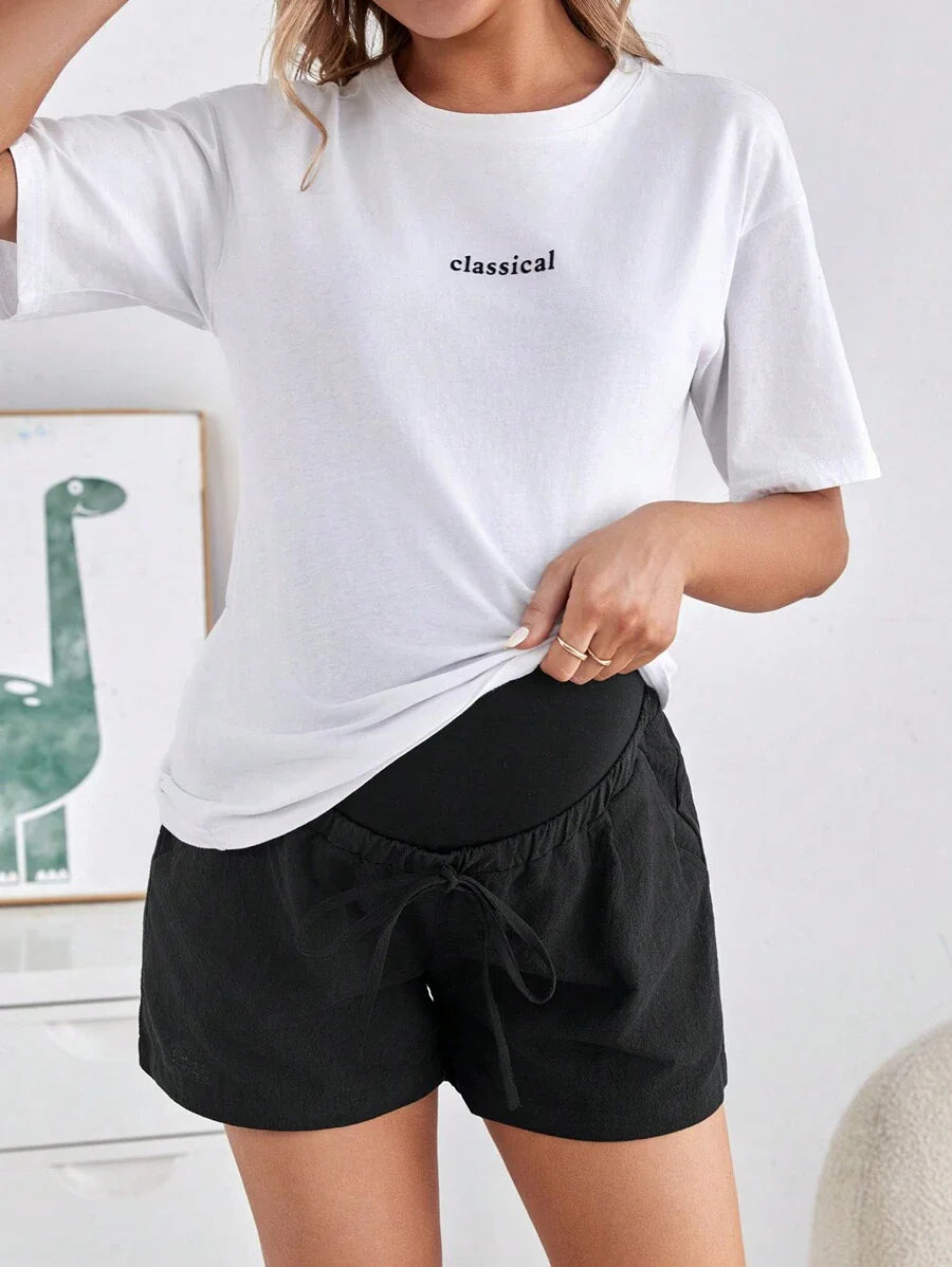 Navy Blue Striped Cotton Maternity Shorts with Pockets, High Waisted Summer Lounge Sleep Shorts with Drawstring and Elastic Waist