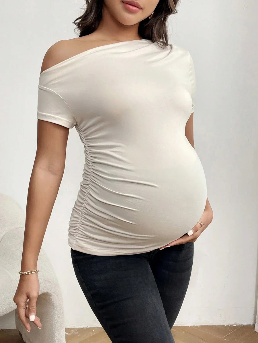 Burgundy Asymmetrical Neck Ruched Maternity T-Shirt - Slim Fit High Stretch Short Sleeve Casual Summer Pregnancy Top