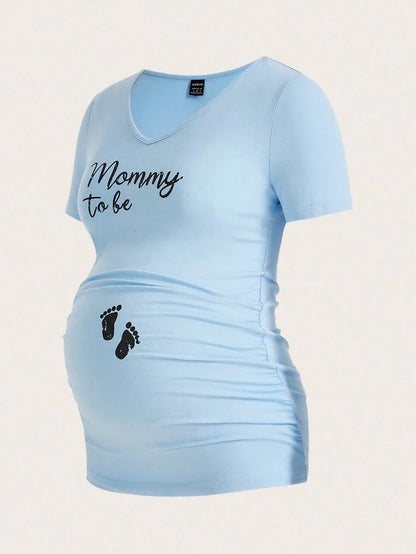 Baby Pink Maternity Ruched Graphic Crop Tee Slim Fit V Neck Cotton Short Sleeve Cartoon Print Pregnancy T Shirt