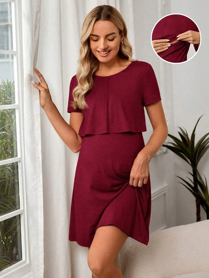 Maternity Solid Nursing Detail Dress Short Sleeve High Waist Ruffle A-Line Dress for Daily Wear