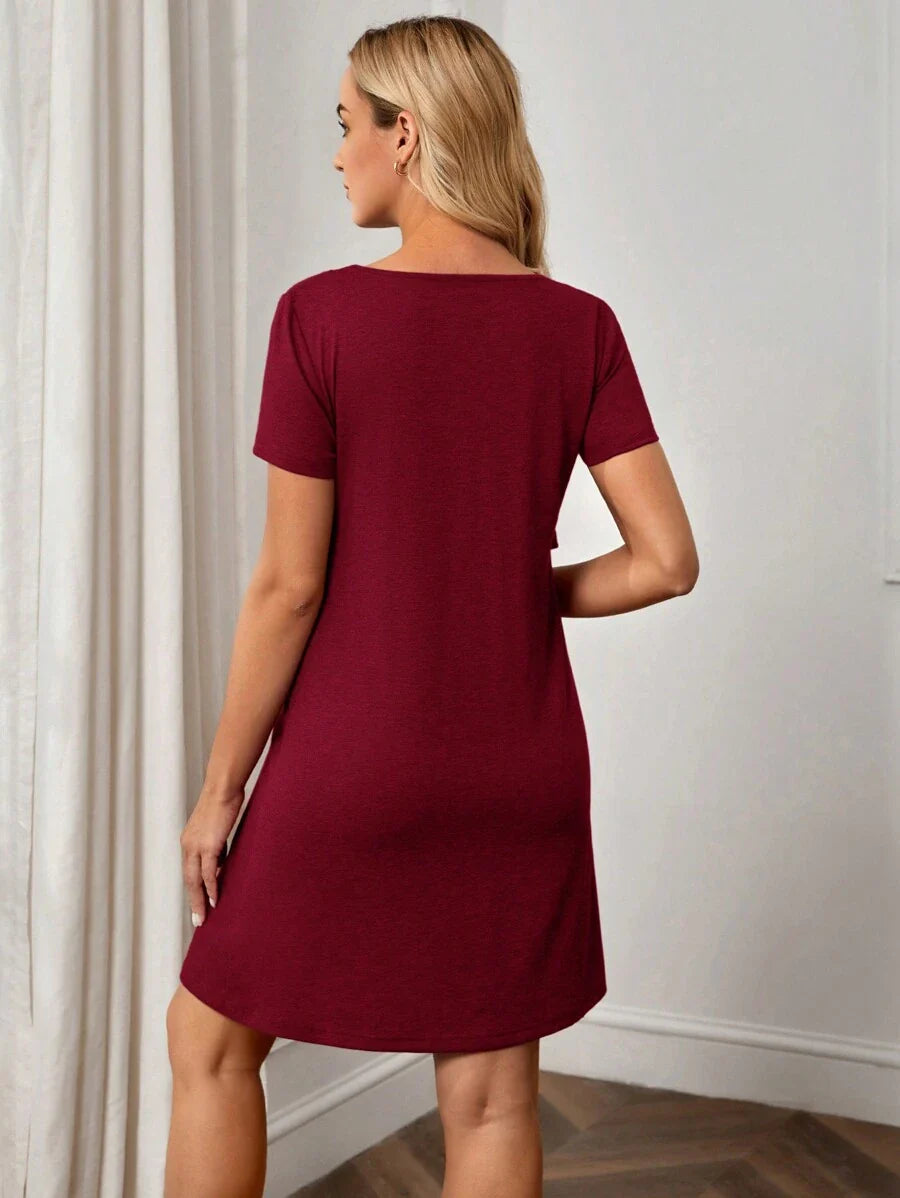 Maternity Solid Nursing Detail Dress Short Sleeve High Waist Ruffle A-Line Dress for Daily Wear