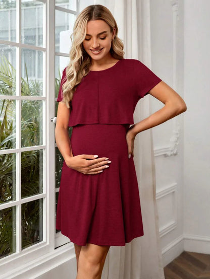Maternity Solid Nursing Detail Dress Short Sleeve High Waist Ruffle A-Line Dress for Daily Wear