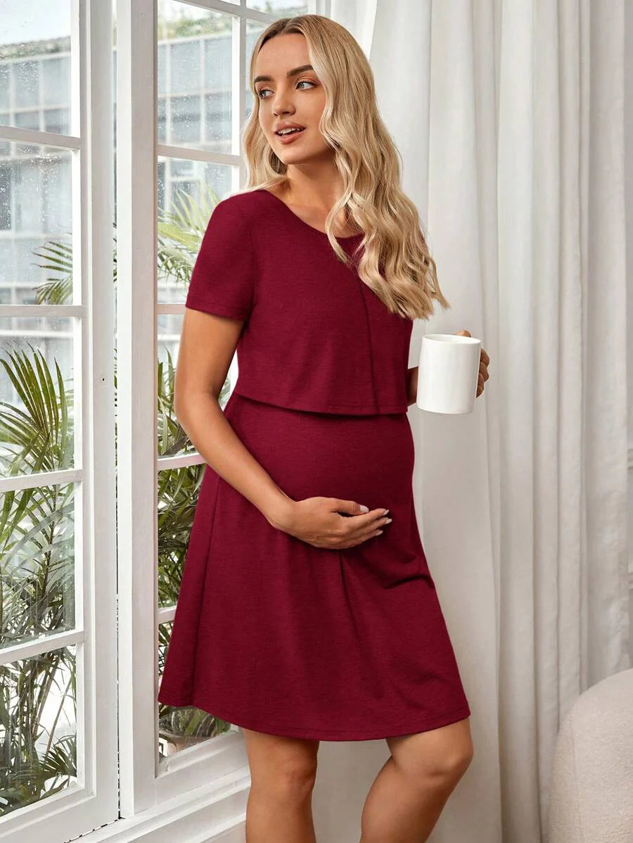 Maternity Solid Nursing Detail Dress Short Sleeve High Waist Ruffle A-Line Dress for Daily Wear