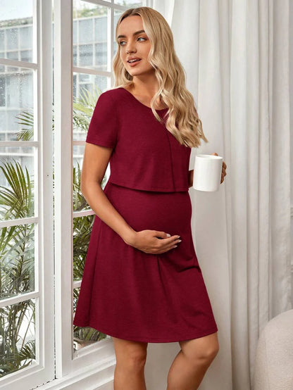 Maternity Solid Nursing Detail Dress Short Sleeve High Waist Ruffle A-Line Dress for Daily Wear