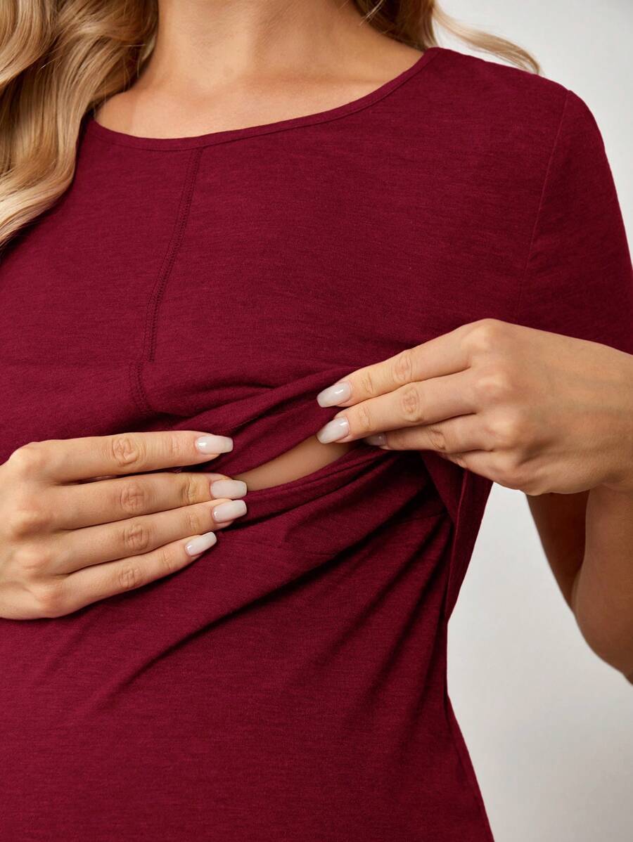 Maternity Solid Nursing Detail Dress Short Sleeve High Waist Ruffle A-Line Dress for Daily Wear