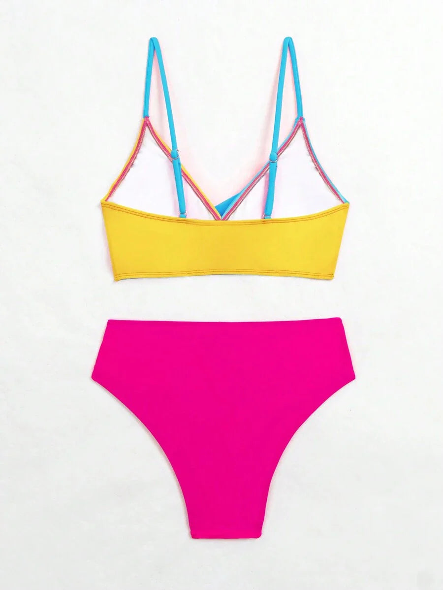 Women's 2-Piece Color-Block Bikini Set - Spaghetti Strap, Criss Cross, High Waist, Multicolor