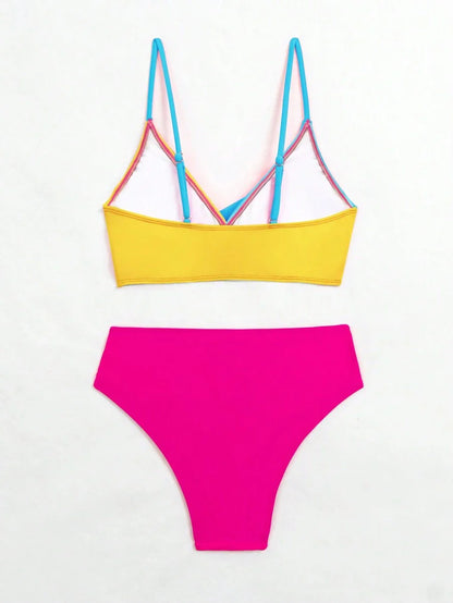 Women's 2-Piece Color-Block Bikini Set - Spaghetti Strap, Criss Cross, High Waist, Multicolor