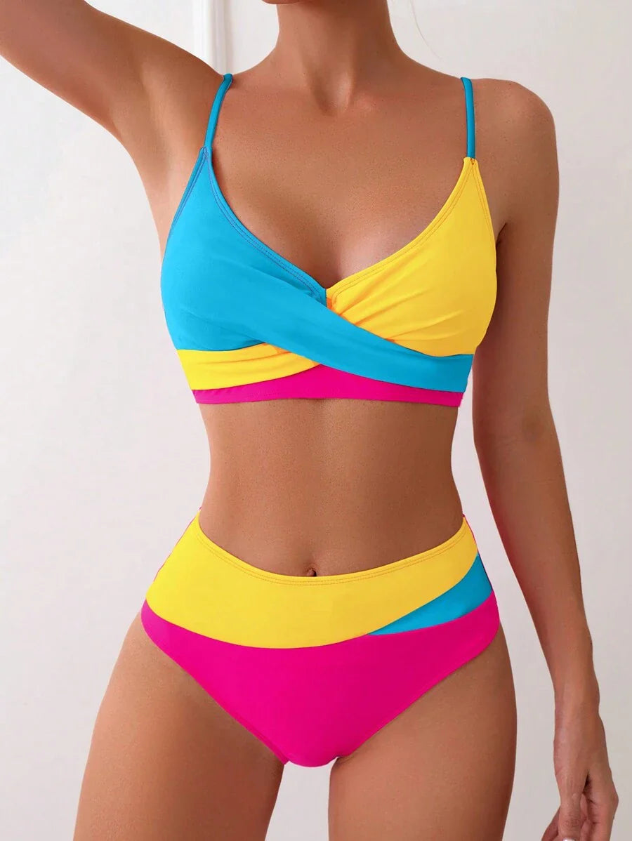 Women's 2-Piece Color-Block Bikini Set - Spaghetti Strap, Criss Cross, High Waist, Multicolor