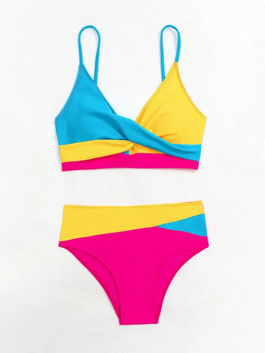 Women's 2-Piece Color-Block Bikini Set - Spaghetti Strap, Criss Cross, High Waist, Multicolor