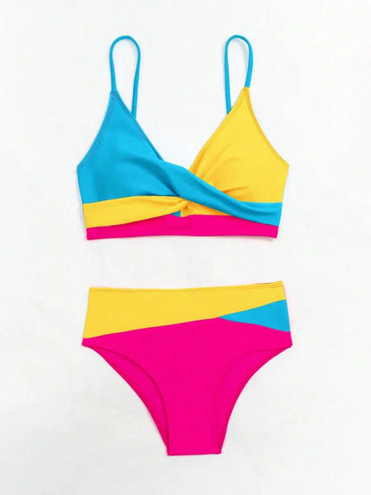 Women's 2-Piece Color-Block Bikini Set - Spaghetti Strap, Criss Cross, High Waist, Multicolor